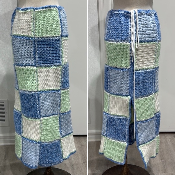 Handmade Dresses & Skirts - Handmade Knit Crochet Blue Green and White Skirt